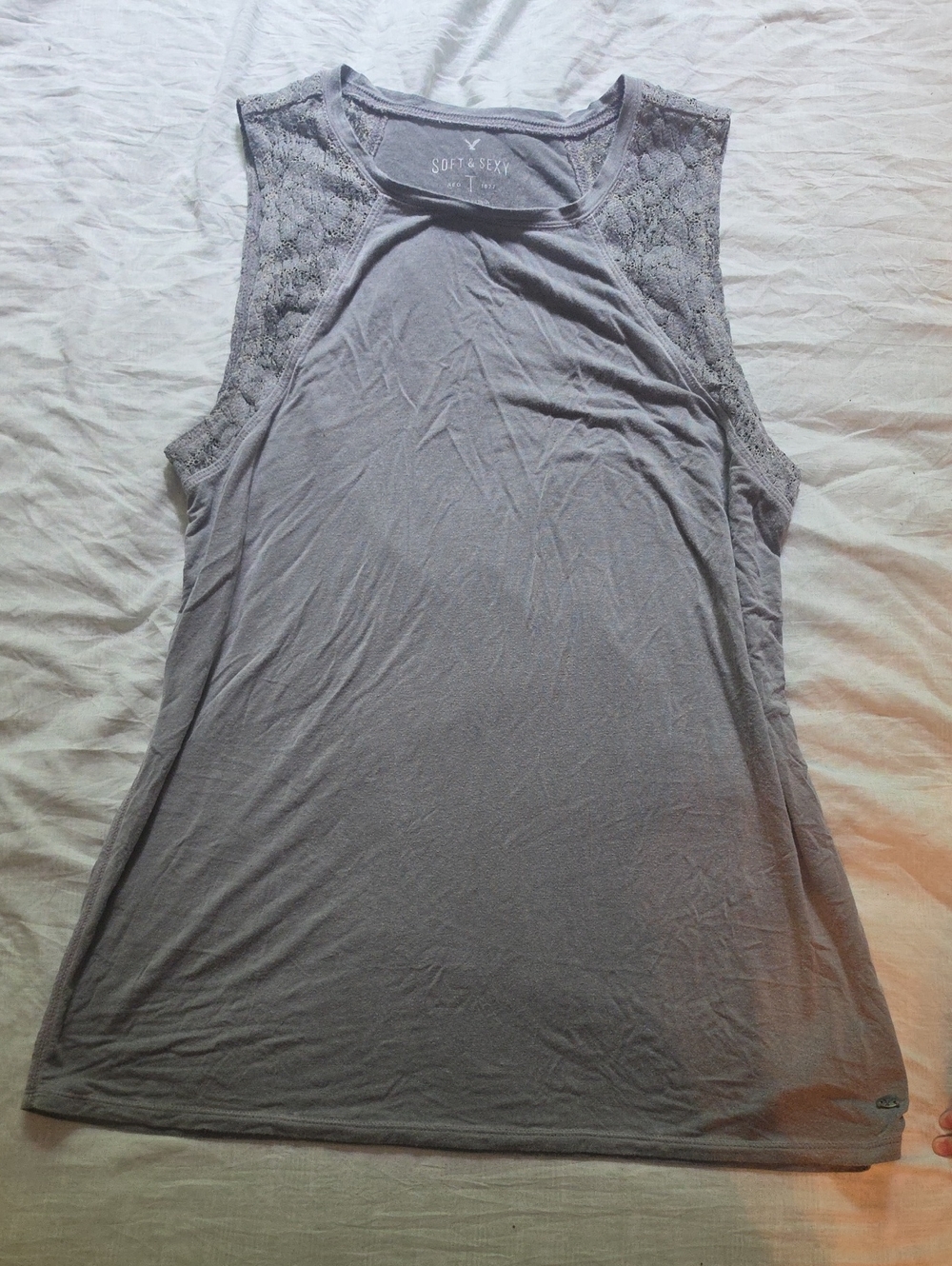 American Eagle Outfitters Lace-Shoulder Tank Top - Light Gray